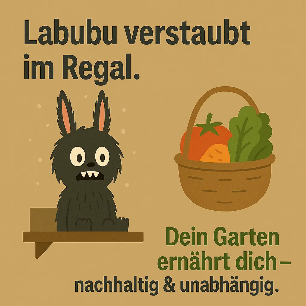 Illustration eines Labubu auf einem Regal neben einem Korb voller Gemüse.