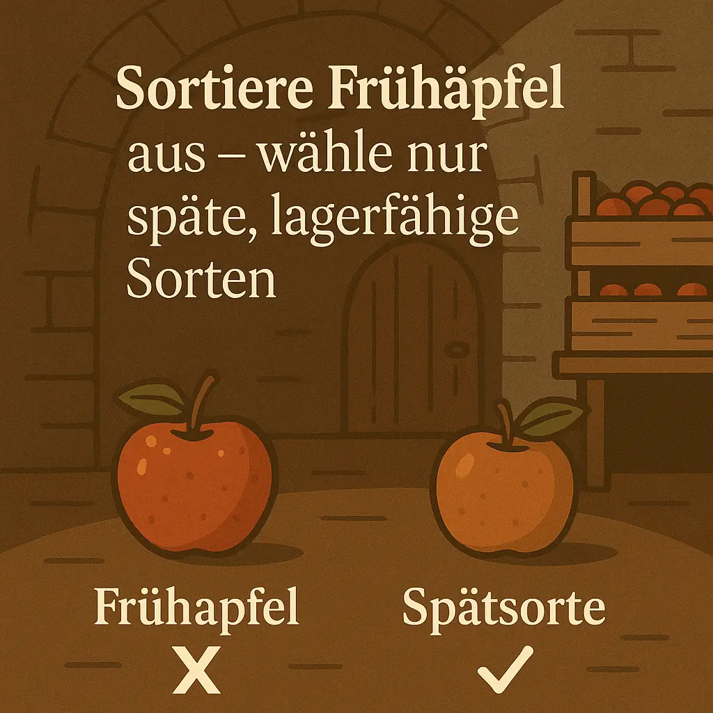 Vergleich von Frühapfel und Lagersorte in rustikalem Vorratsraum.