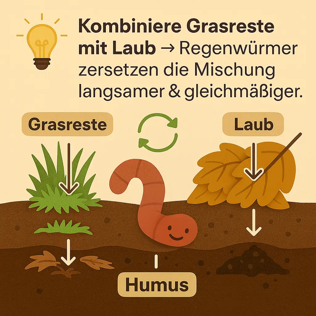 Regenwurm zersetzt Laub- und Grasreste im Boden.