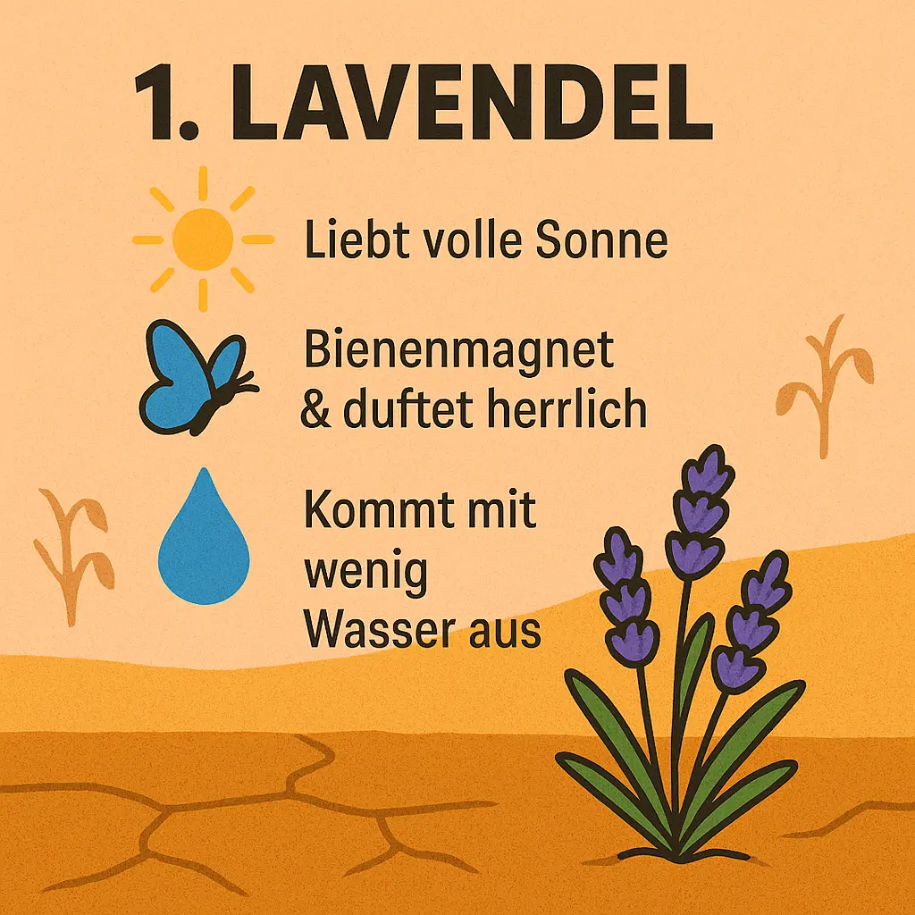 Illustration eines Lavendels mit Sonne, Wasser und Schmetterling als Symbole.