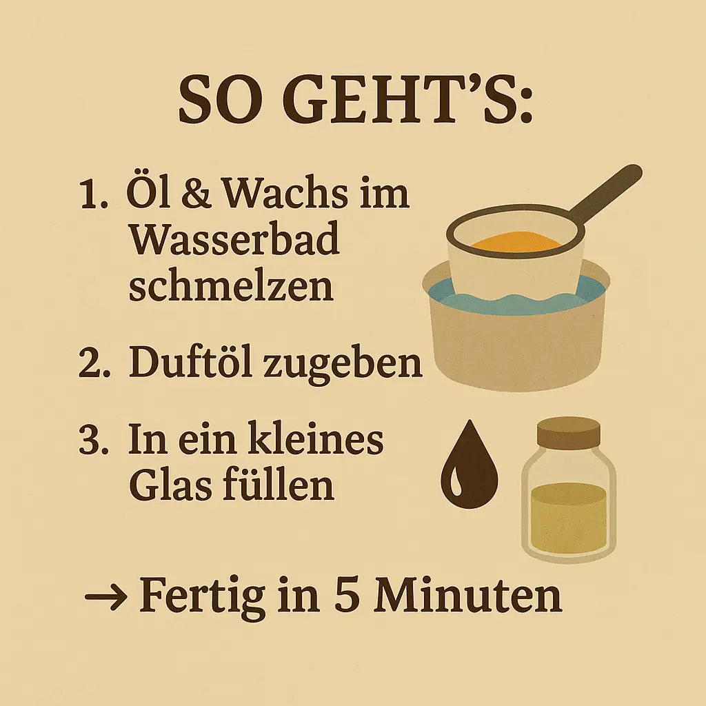 Illustration mit Topf im Wasserbad, Glas und Öltropfen.