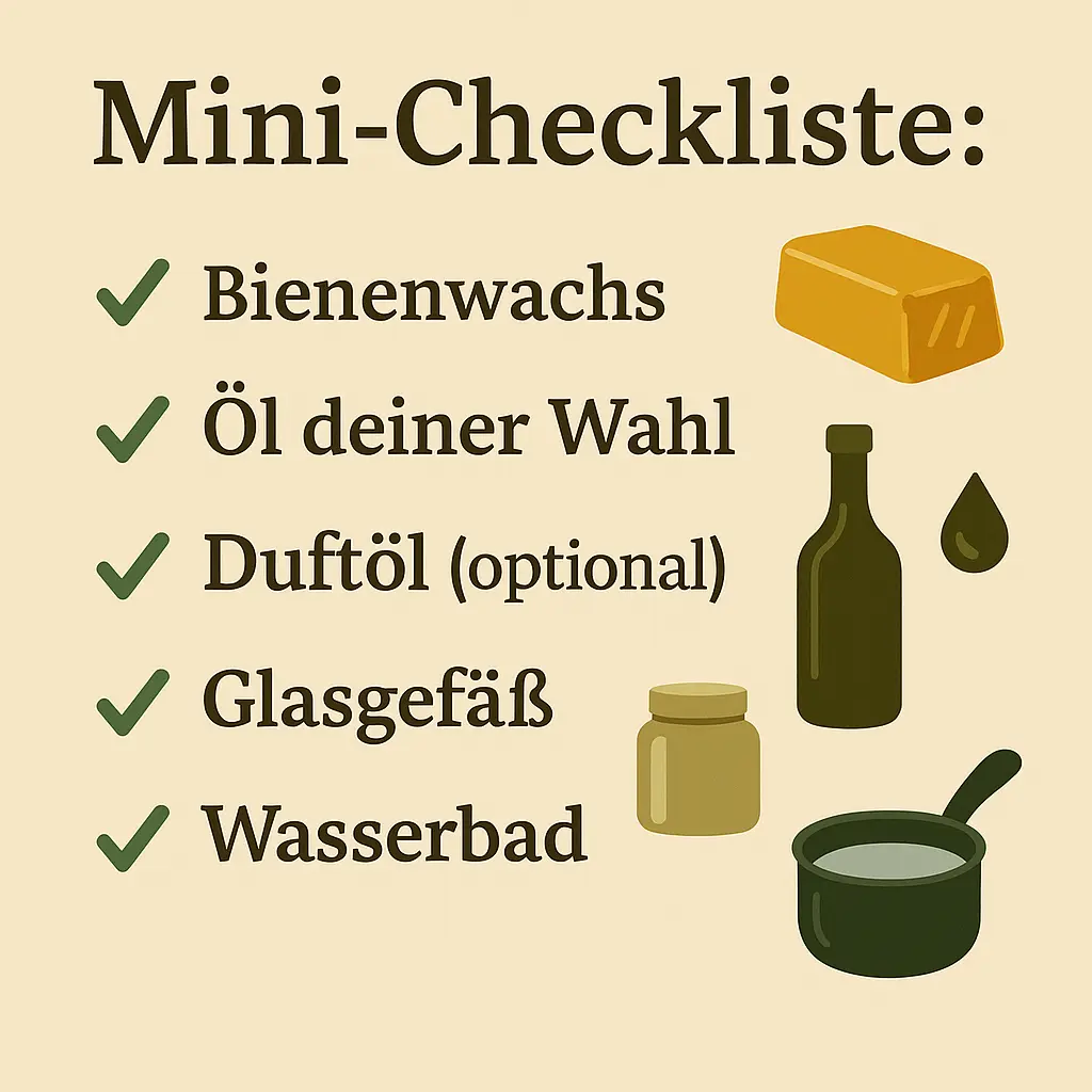 Checkliste mit Illustrationen von Wachs, Öl, Glas und Topf.