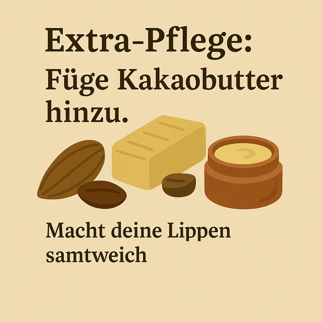 Illustration mit Kakaobohnen, Butterstück und Lippenbalsam.