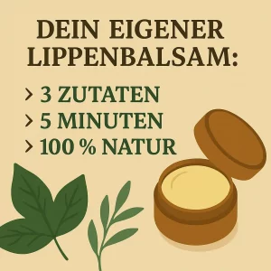 Offenes Tiegelchen mit Lippenbalsam und Kräuterblättern – natürliche Pflege.