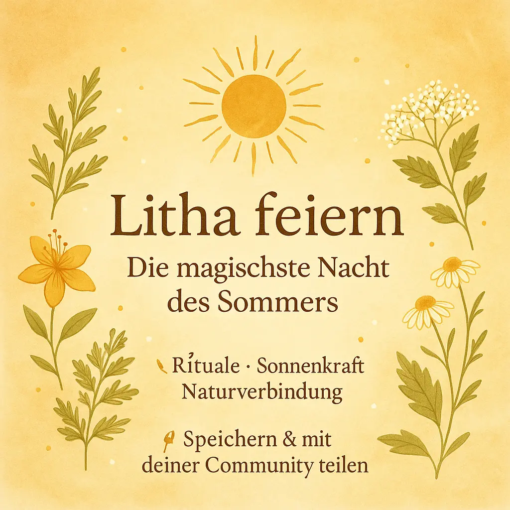Litha feiern - Illustration mit goldener Sonne, Kräutern und Sommerblüten – Symbol für Licht und Naturverbundenheit.