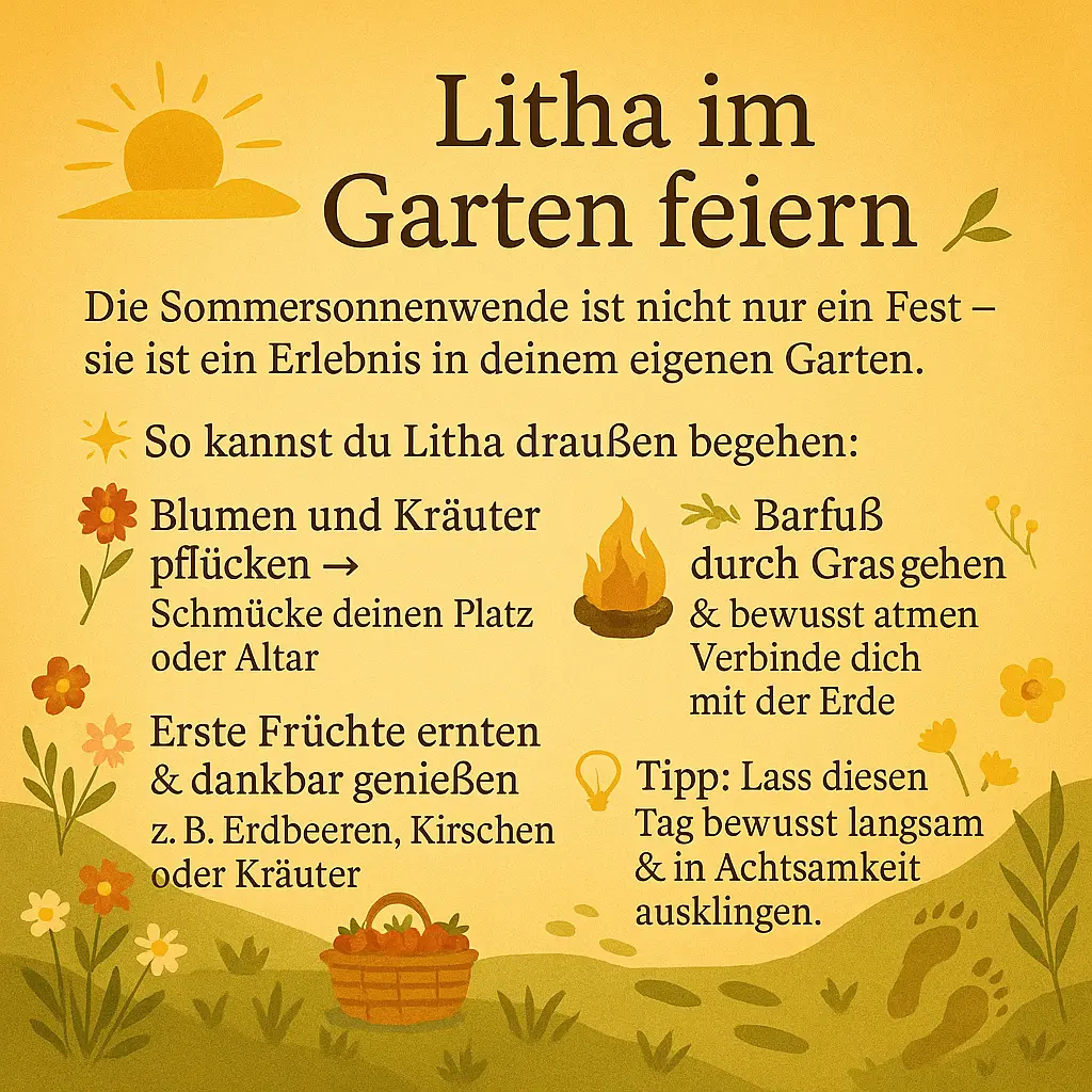 Blumen, Feuerstelle und Früchtekorb – Symbol für Naturverbundenheit und Dankbarkeit im Garten.
