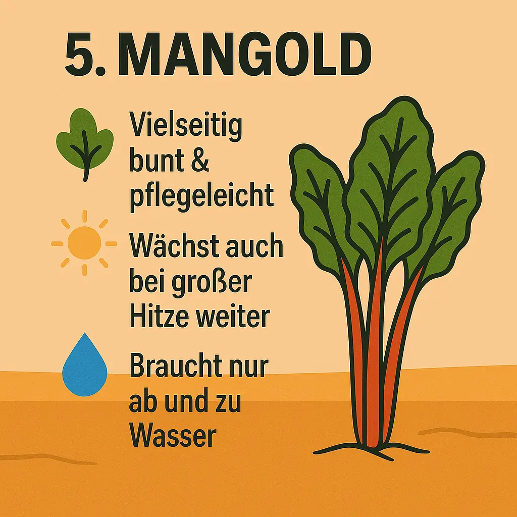 Illustration eines bunten Mangoldblattes mit Symbolen für Sonne und Wassertropfen.