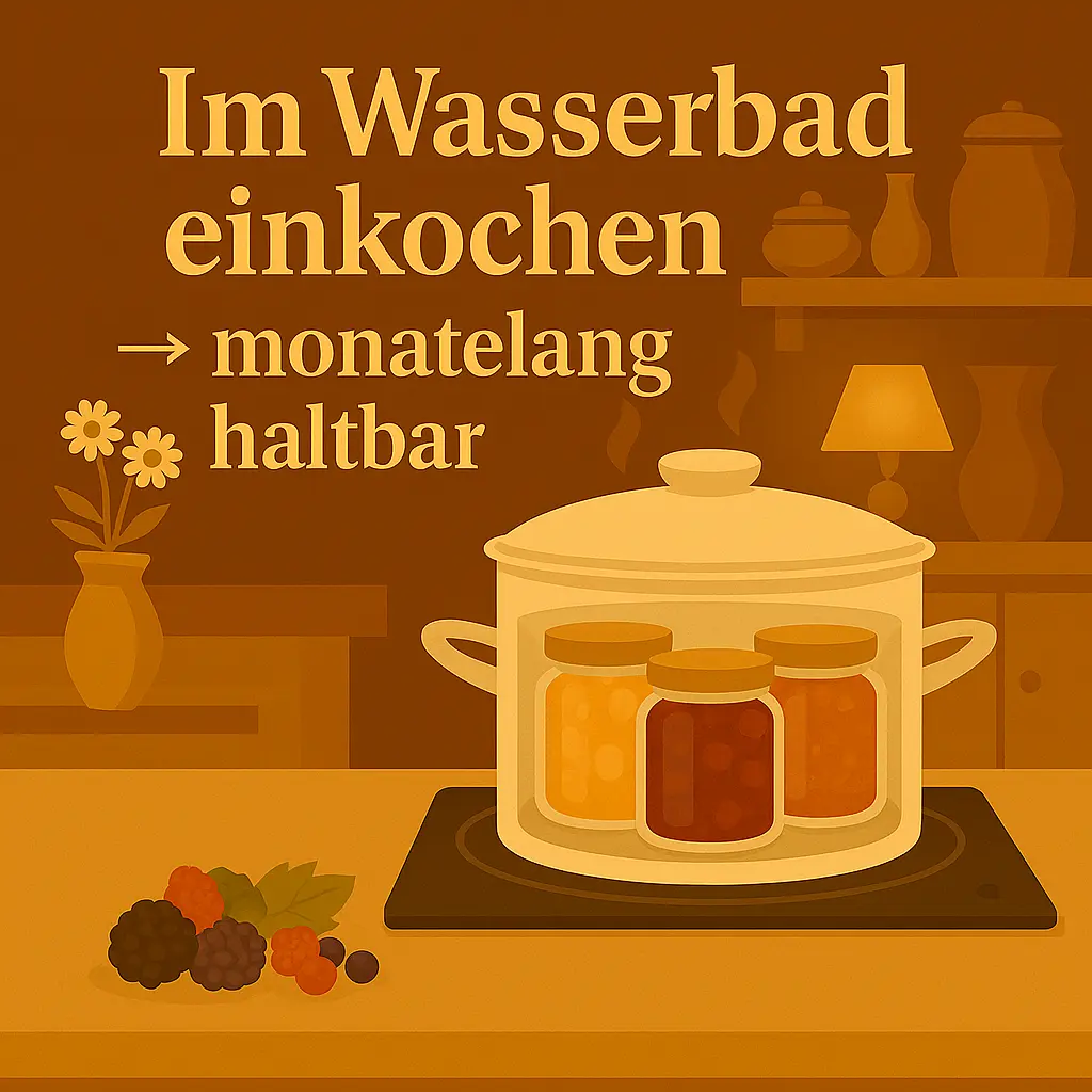 Gläser mit Marmelade in großem Topf im Wasserbad.