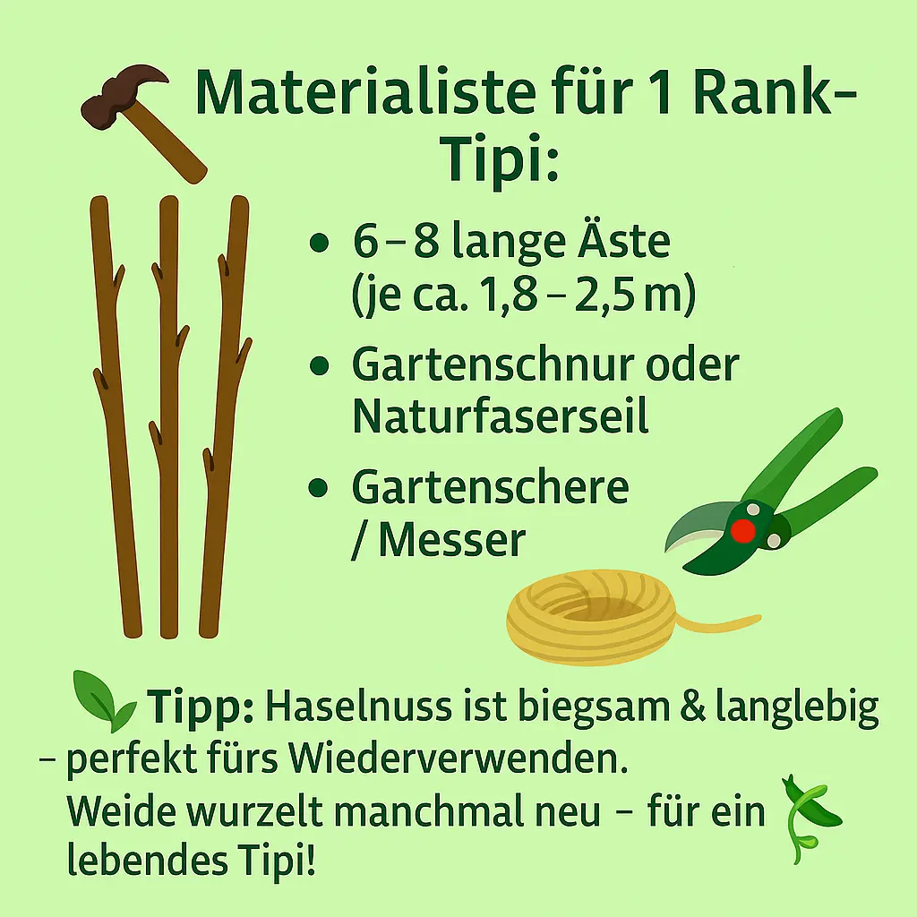 Gartenwerkzeuge und Materialien: Äste, Seil und Schere für den Bau eines Rank-Tipis.