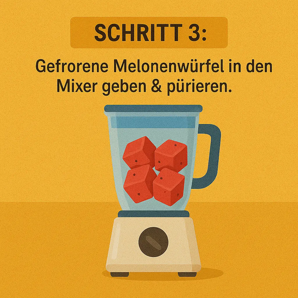 Mixer mit gefrorenen Melonenwürfeln – Zubereitung für Wassermelonen-Slush.