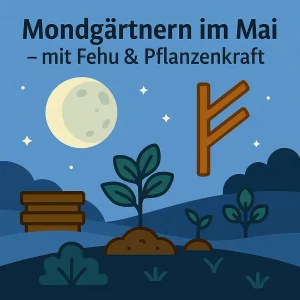 mondgärtnern im mai -Mond, Pflanzen und die Fehu-Rune symbolisieren natürliches Gärtnern im Einklang mit dem Mond.