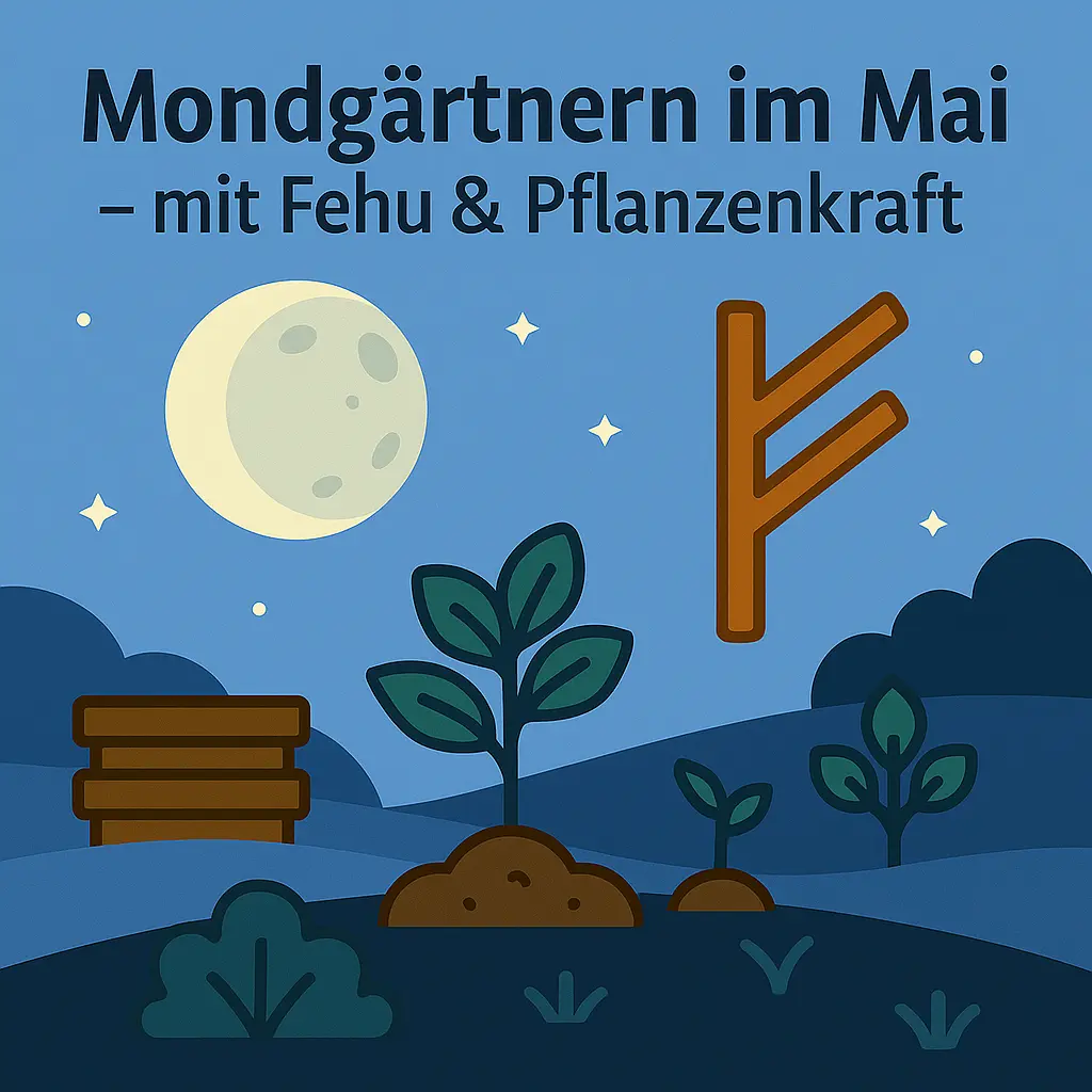 mondgärtnern im mai -Mond, Pflanzen und die Fehu-Rune symbolisieren natürliches Gärtnern im Einklang mit dem Mond.