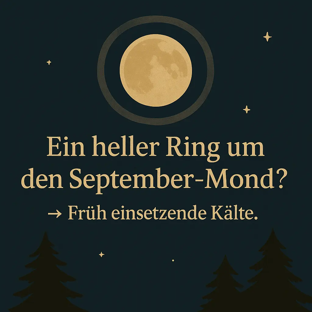 Heller Mond mit Lichtring am Himmel über dunklem Wald.