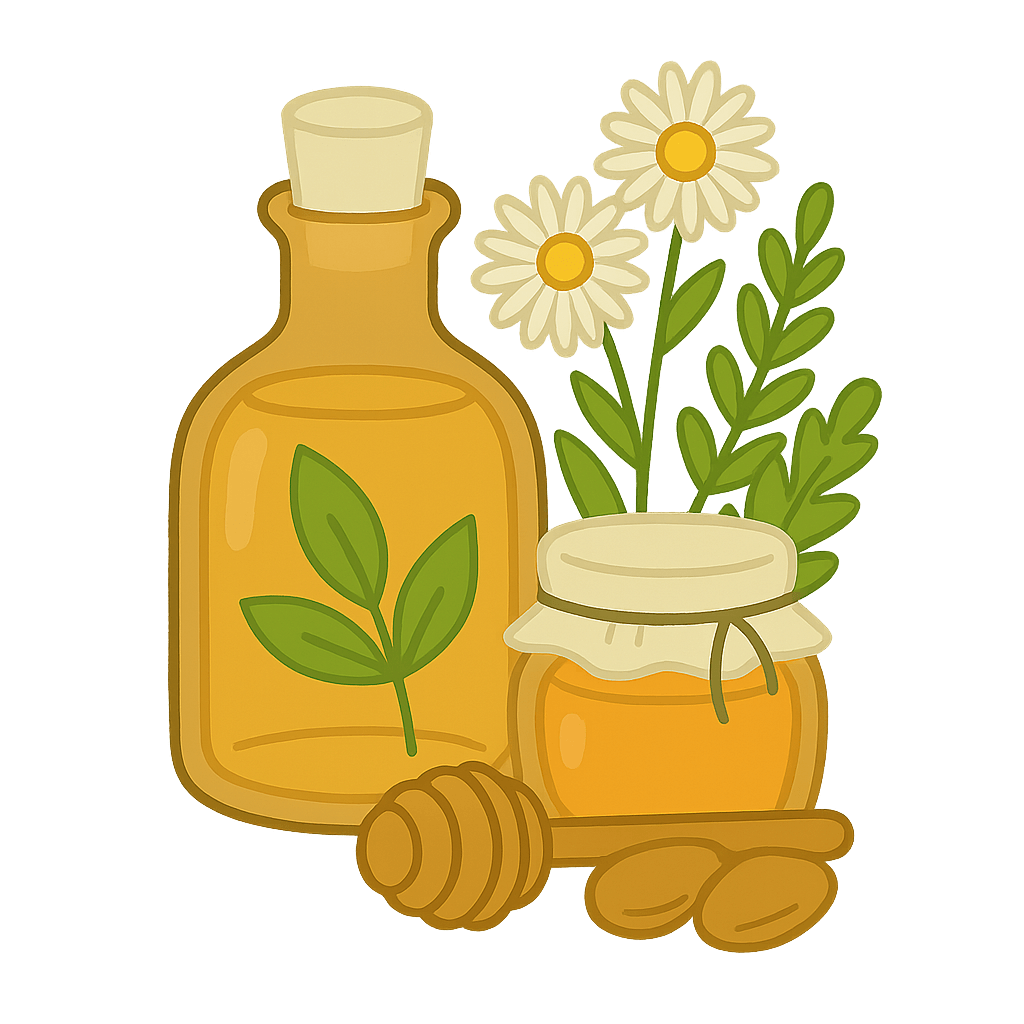 Glasflasche mit Kräuteröl, Honigglas und Kamillenblüten – Symbol für natürliche Gesundheit, Heilpflanzen und Wohlbefinden.