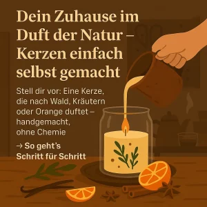 Hand gießt geschmolzenes Wachs in ein Glas mit Kräutern und Orangenscheiben.