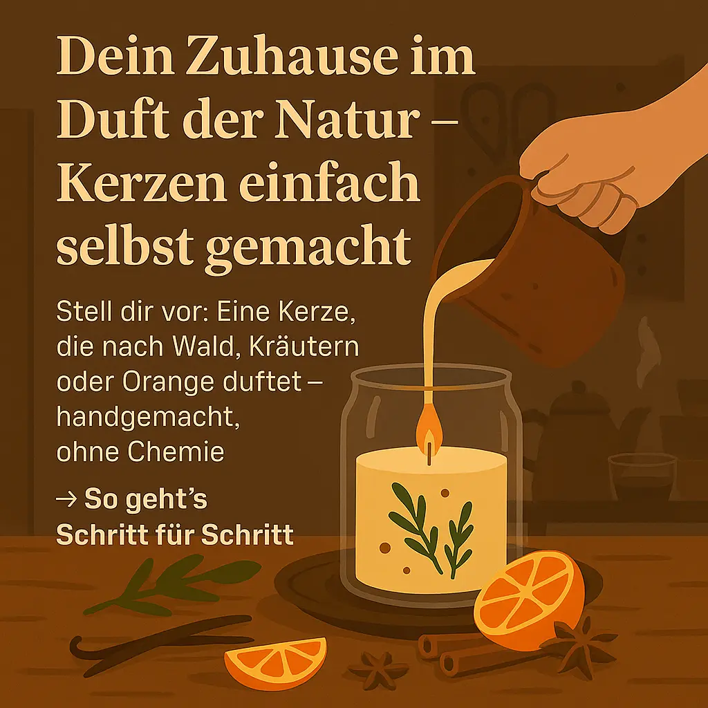 Hand gießt geschmolzenes Wachs in ein Glas mit Kräutern und Orangenscheiben.