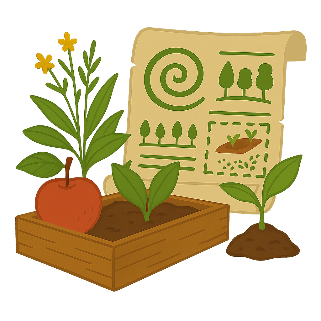 Pflanzen, Setzlinge und ein Permakultur-Plan – Symbol für Naturkunde und Orientierung.