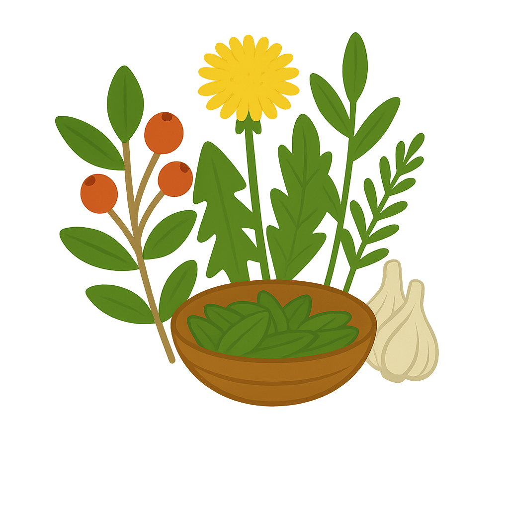 Apfel, Karotten, Öl und Kräuter auf Holzbrett – Symbol für natürliche Ernährung und Hausapotheke.