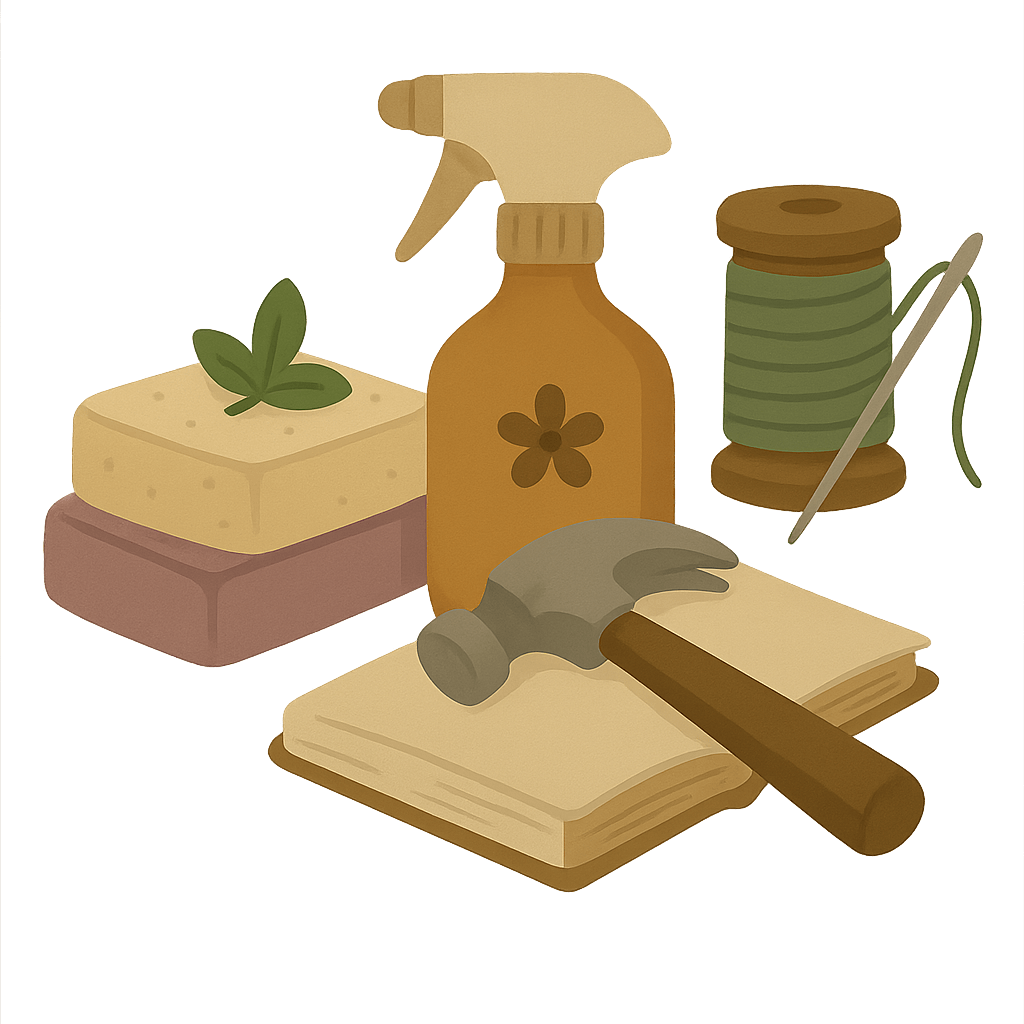 Hammer, Seife und Sprühflasche – Symbol für Hausmittel und DIY-Projekte.