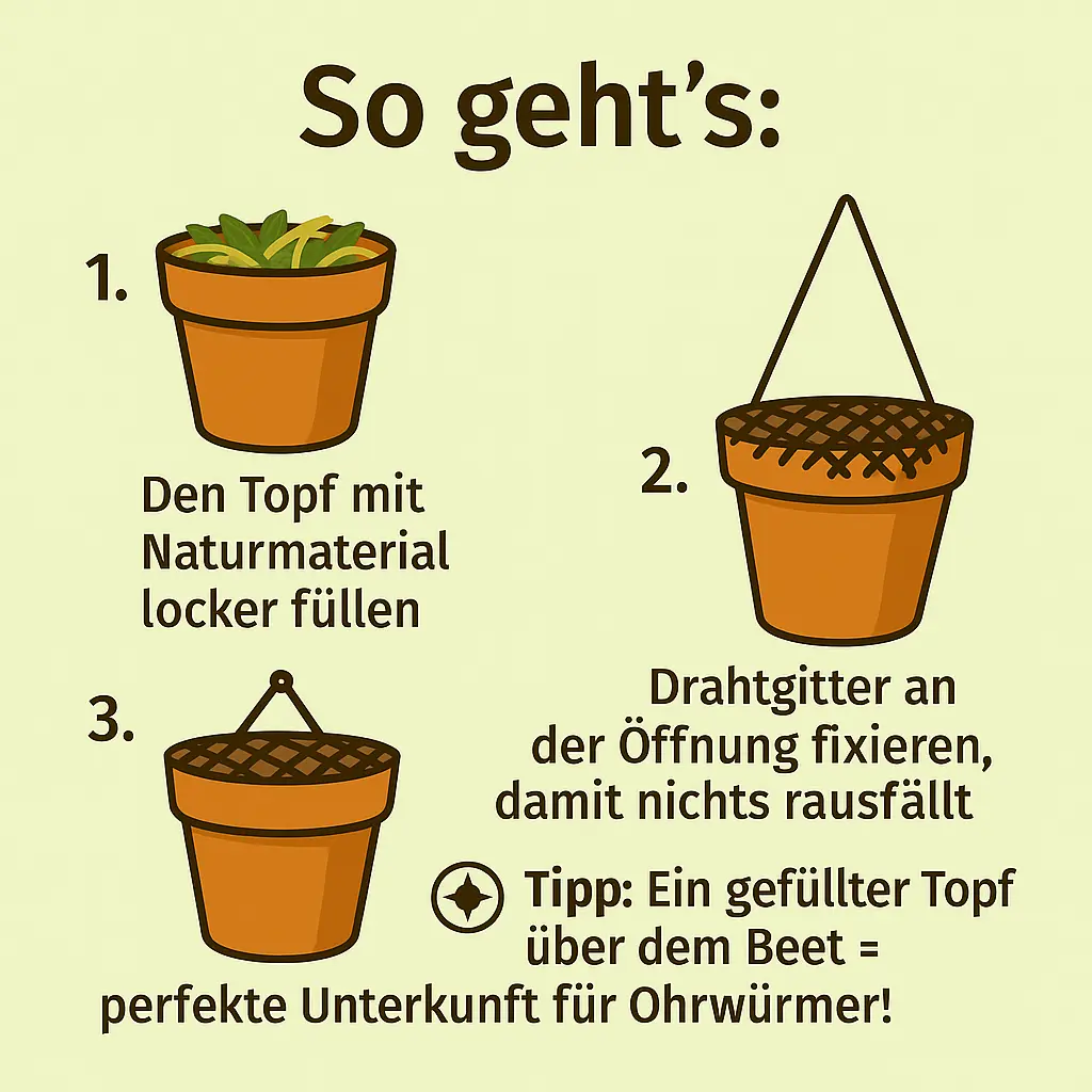 Schritt-für-Schritt-Anleitung zum Bauen eines Nützlingshotels aus Tontöpfen.