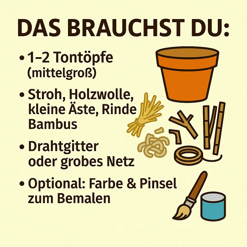 Materialien für ein Nützlingshotel: Tontöpfe, Stroh, Rinde, Bambus, Drahtgitter und Pinsel.