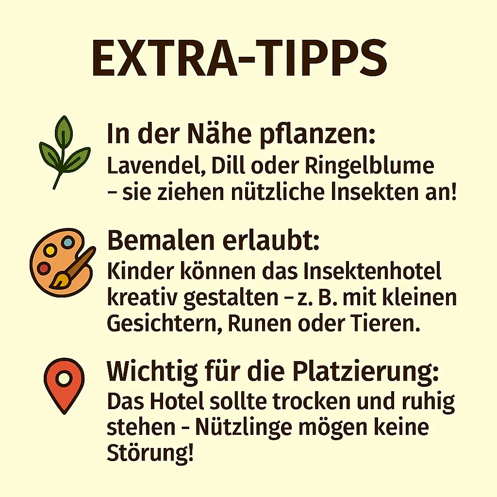 Tipps für den Bau und die Platzierung eines Nützlingshotels mit Pflanzen und Farben.
