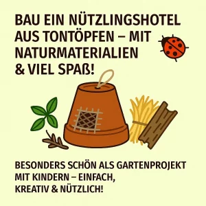 nützlingshotel bauen mit Stroh, Zweigen und Marienkäfer als Nützlingshotel im Garten.