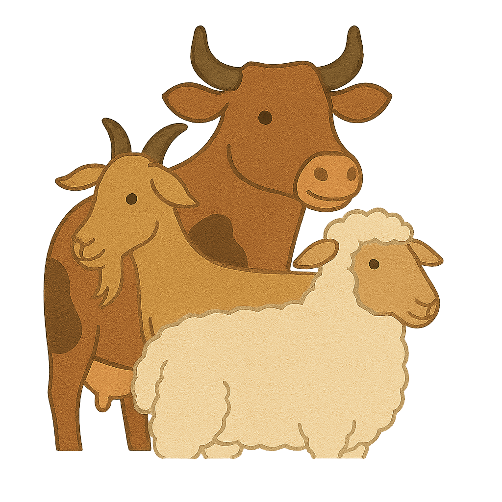 Kuh, Ziege und Schaf – Symbol für Nutztierhaltung auf dem Hof.