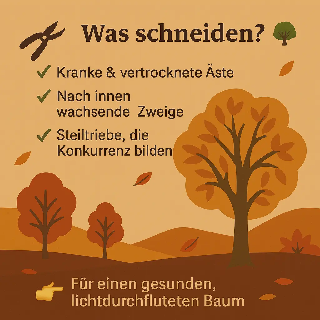 Obstbaum mit markierten Ästen für den Schnitt.