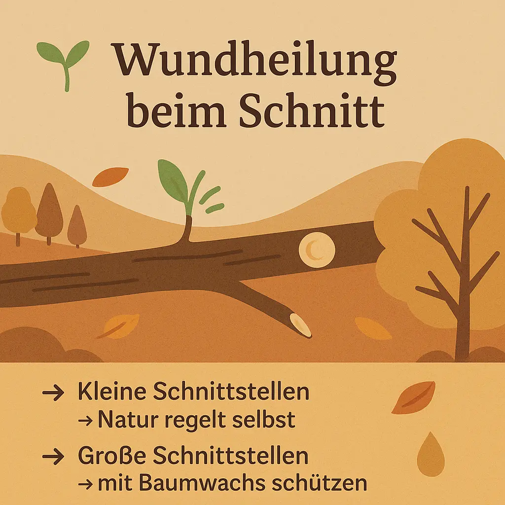 Gefällter Ast mit glatter Schnittstelle, neuer Trieb wächst nach.