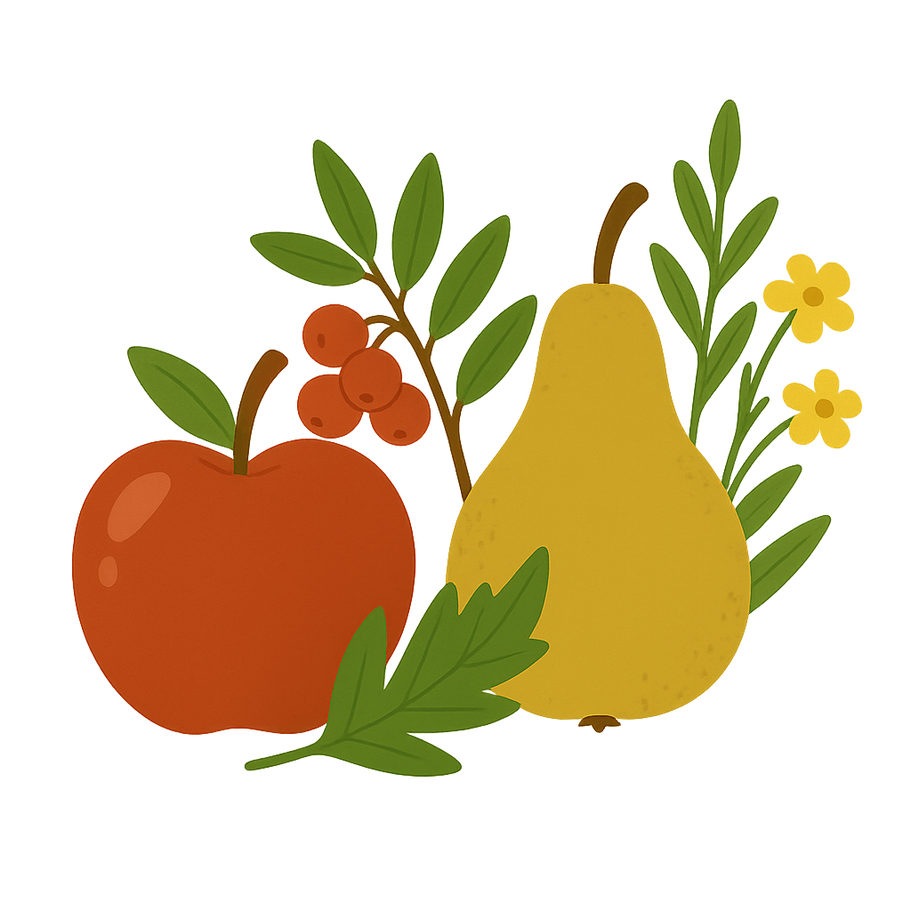 Apfel, Birne und Wildbeeren – Symbol für Obstgarten und Wildpflanzenvielfalt.