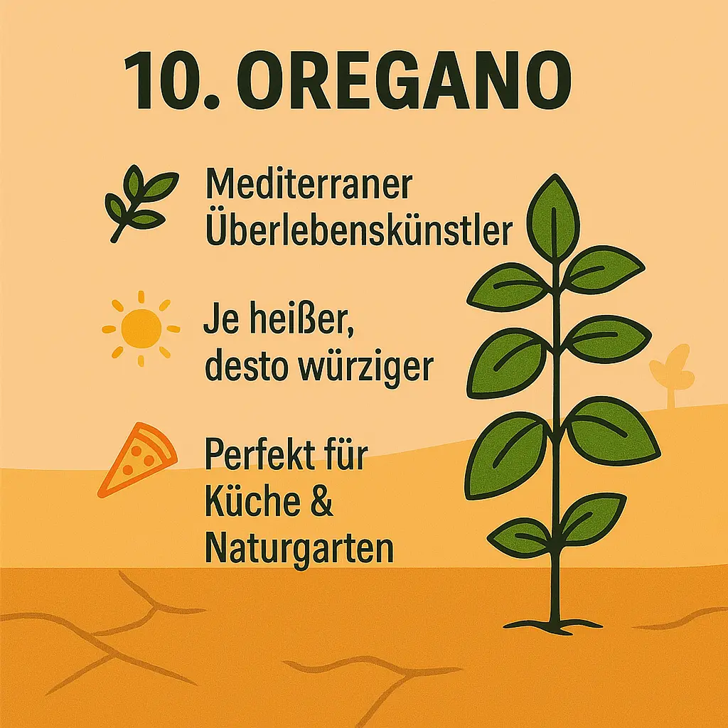 Illustration einer Oregano-Pflanze mit Symbolen für Sonne und Pizza.