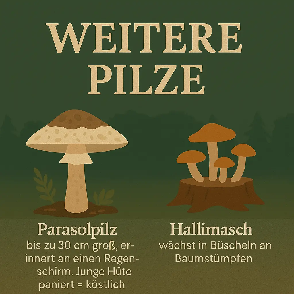 Parasolpilz mit großem Hut und Hallimasch-Gruppe auf Baumstumpf.