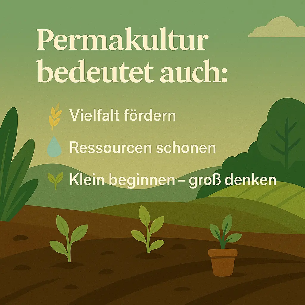 Illustration eines Gartens mit jungen Pflanzen, Symbolen für Wasser, Getreide und Wachstum.