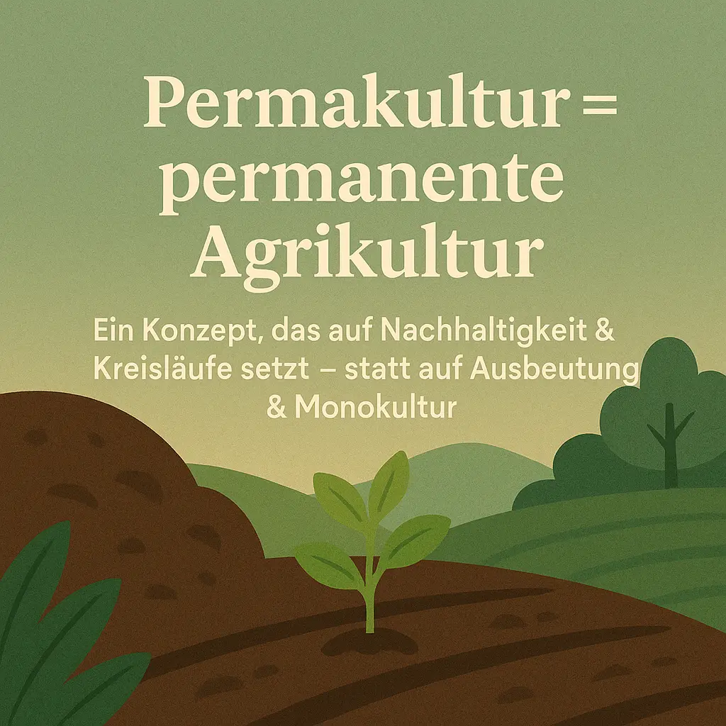 Illustration einer jungen Pflanze auf Ackerboden mit Hügeln im Hintergrund, Text zur Bedeutung von Permakultur.