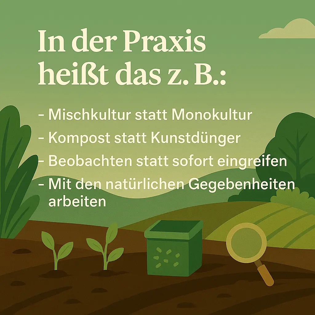 Illustration von Pflanzen, Kompost und Lupe – Sinnbild für naturverbundenes Arbeiten.
