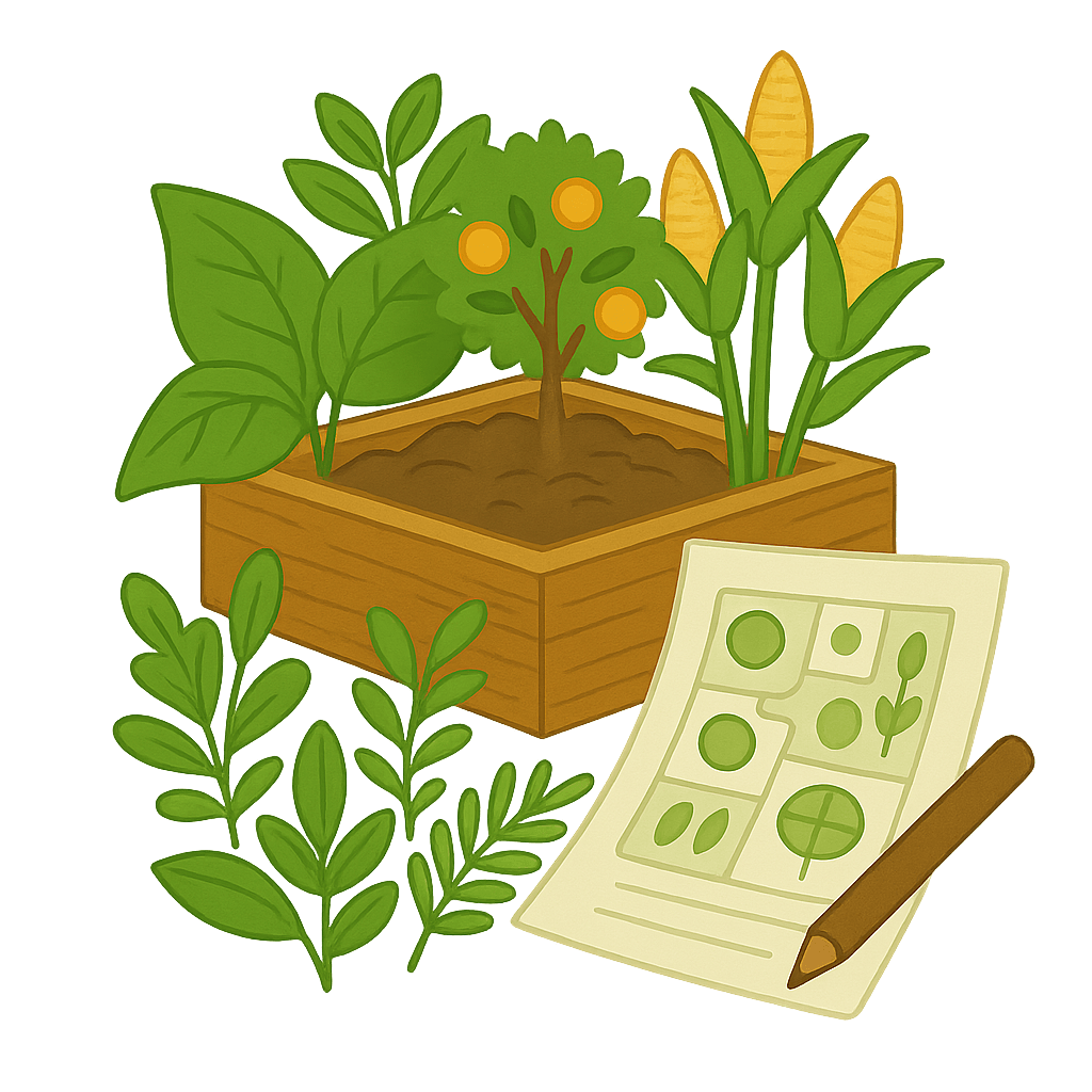 Hochbeet mit Pflanzen, Gartenplan und Stift – Symbol für Permakultur, nachhaltige Gartenplanung und Selbstversorgung im Einklang mit der Natur.