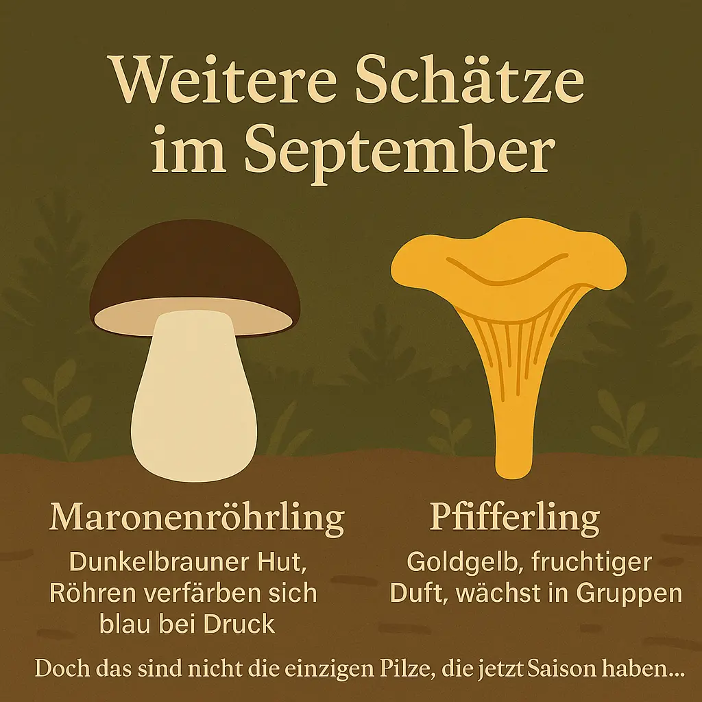 Pfifferling und Maronenröhrling nebeneinander – typische Herbstpilze.