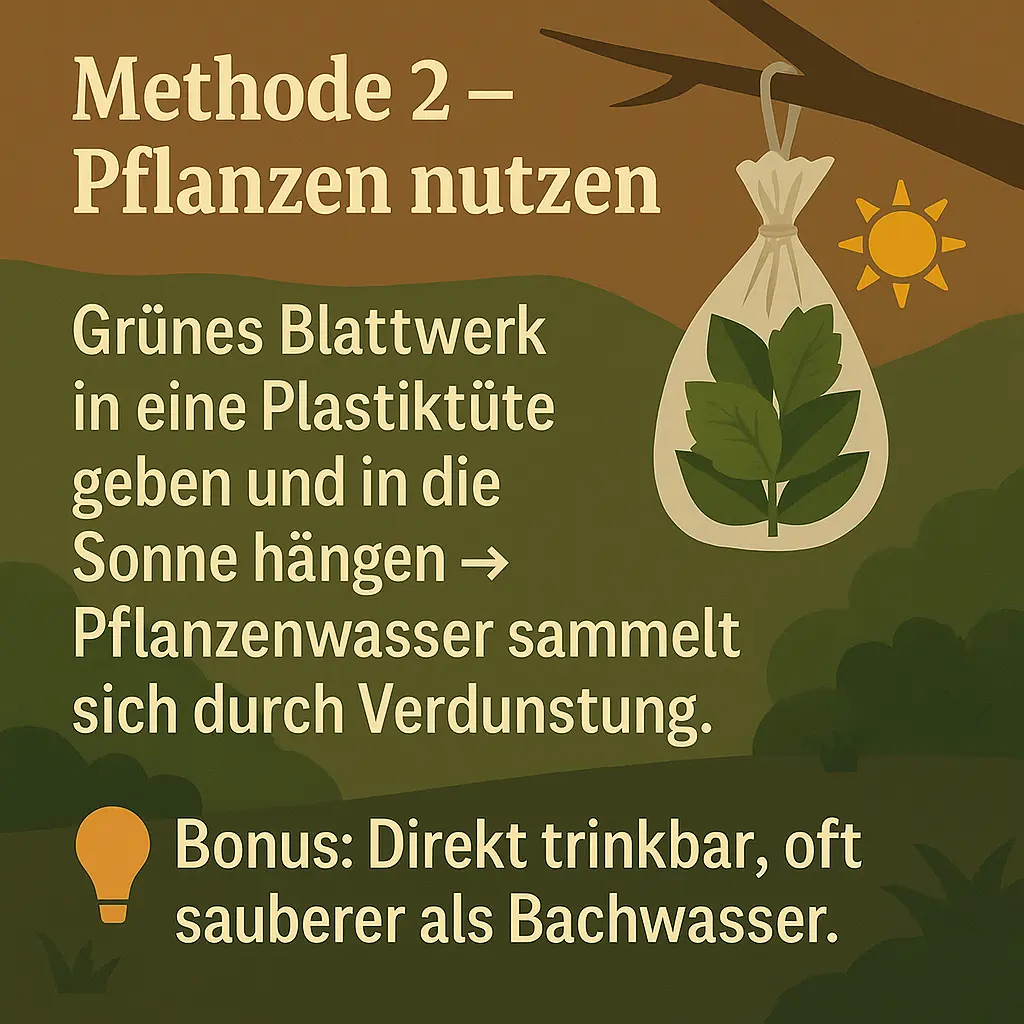 Beutel mit Blättern am Ast – Methode zur Trinkwassergewinnung durch Pflanzenverdunstung.