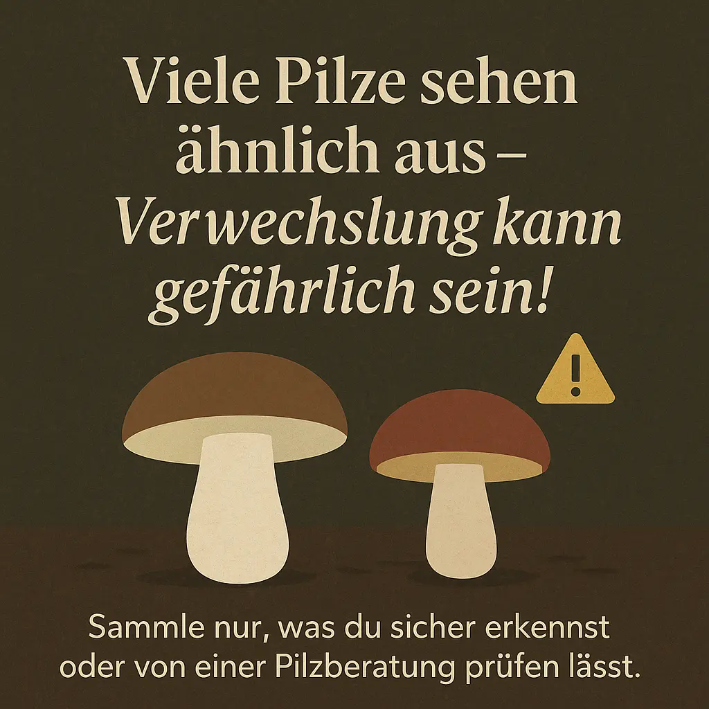 Zwei ähnlich aussehende Pilze mit Warnsymbol – Hinweis auf Verwechslungsgefahr.