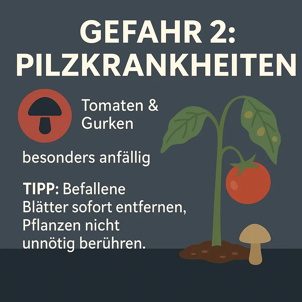 Tomatenpflanze mit Anzeichen von Pilzbefall – Tipps zur Vorbeugung gegen Kraut- und Braunfäule bei Regen.