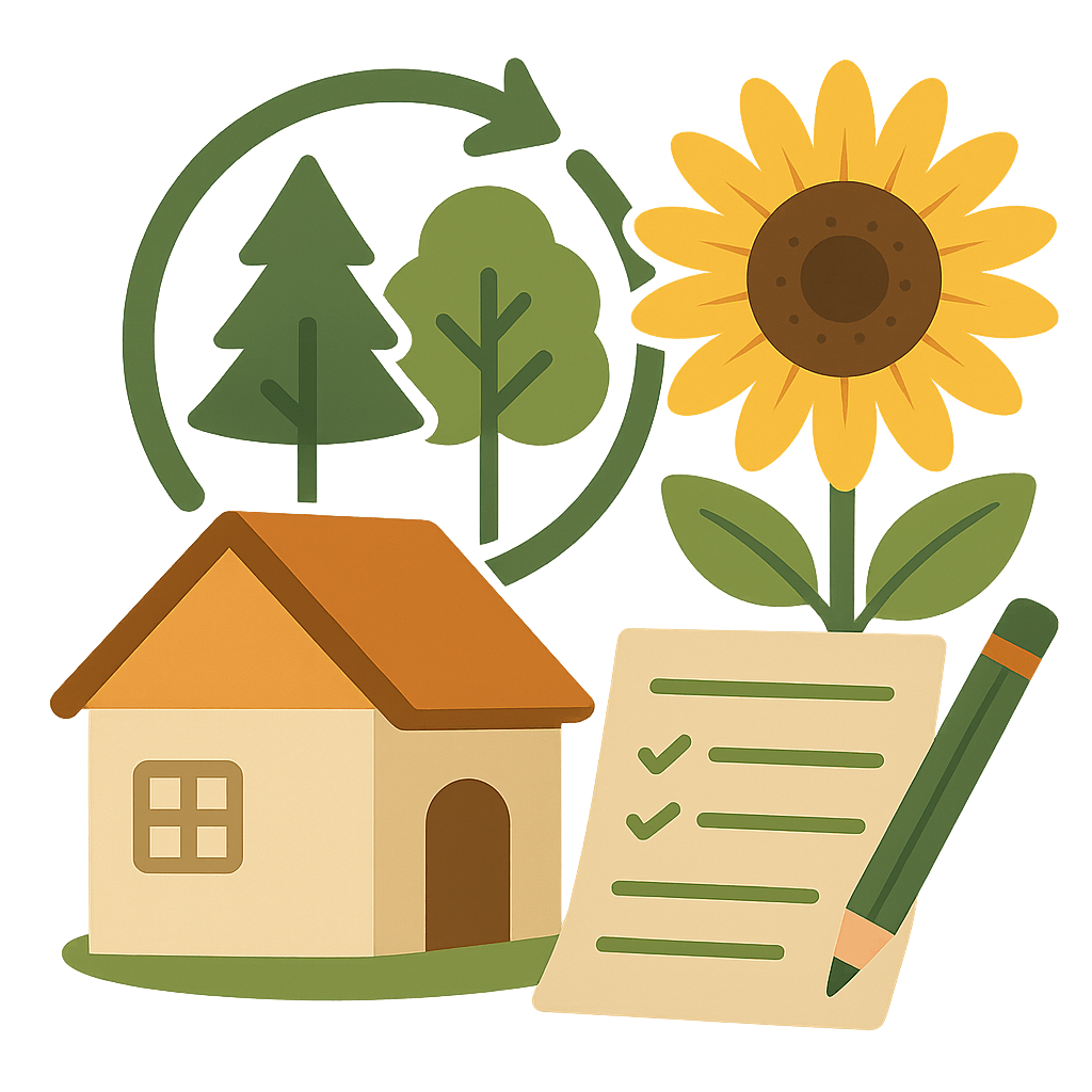 Haus mit Sonnenblume, Bäumen und Checkliste – Symbol für Planung, Jahreskalender und nachhaltige Selbstversorgung im Rhythmus der Natur.