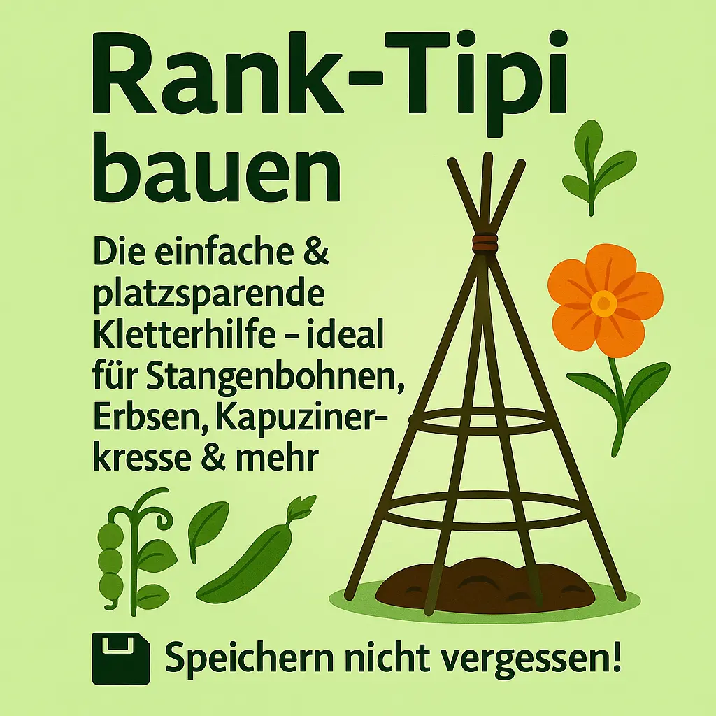 Rank Tipi bauen - Illustration eines Rank-Tipis aus Ästen mit Pflanzen – Anleitung für platzsparendes vertikales Gärtnern.