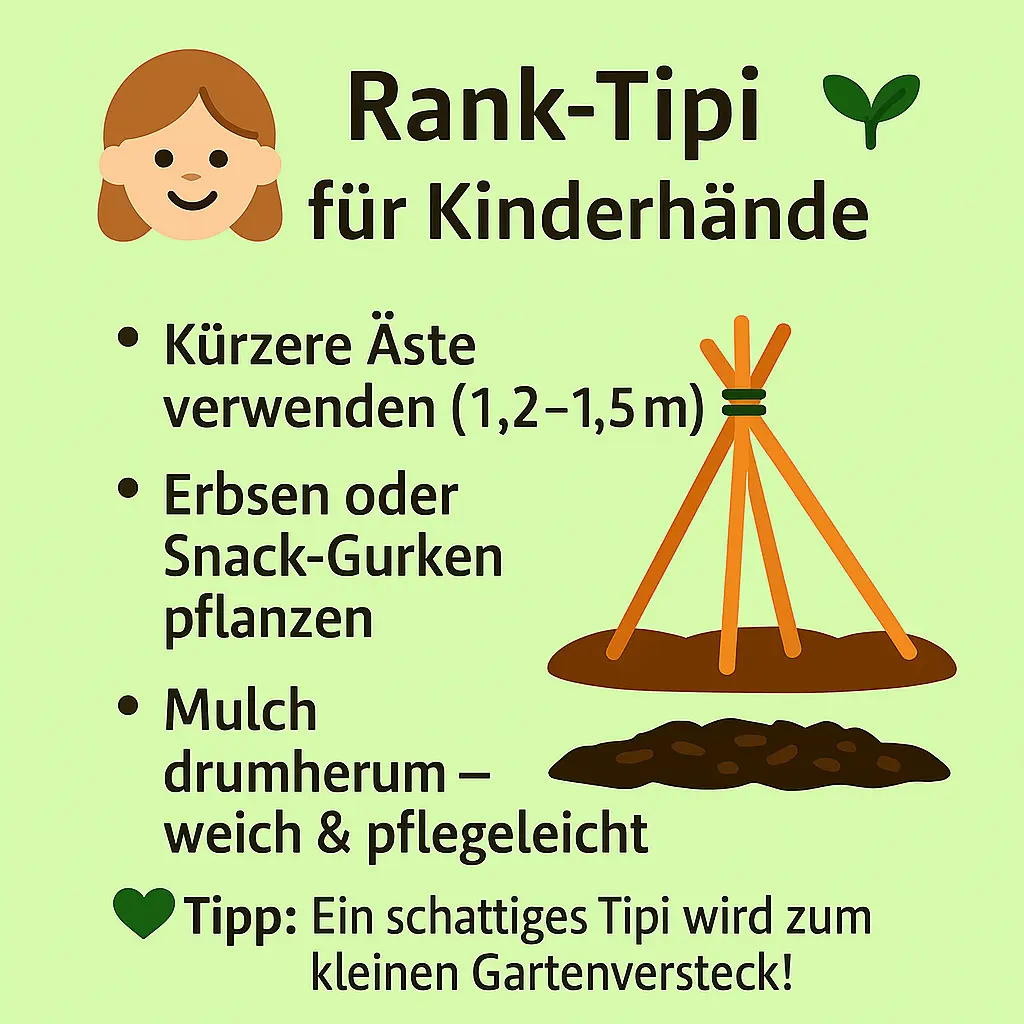 Kind mit kleinem Rank-Tipi aus kurzen Ästen und Pflanzen.