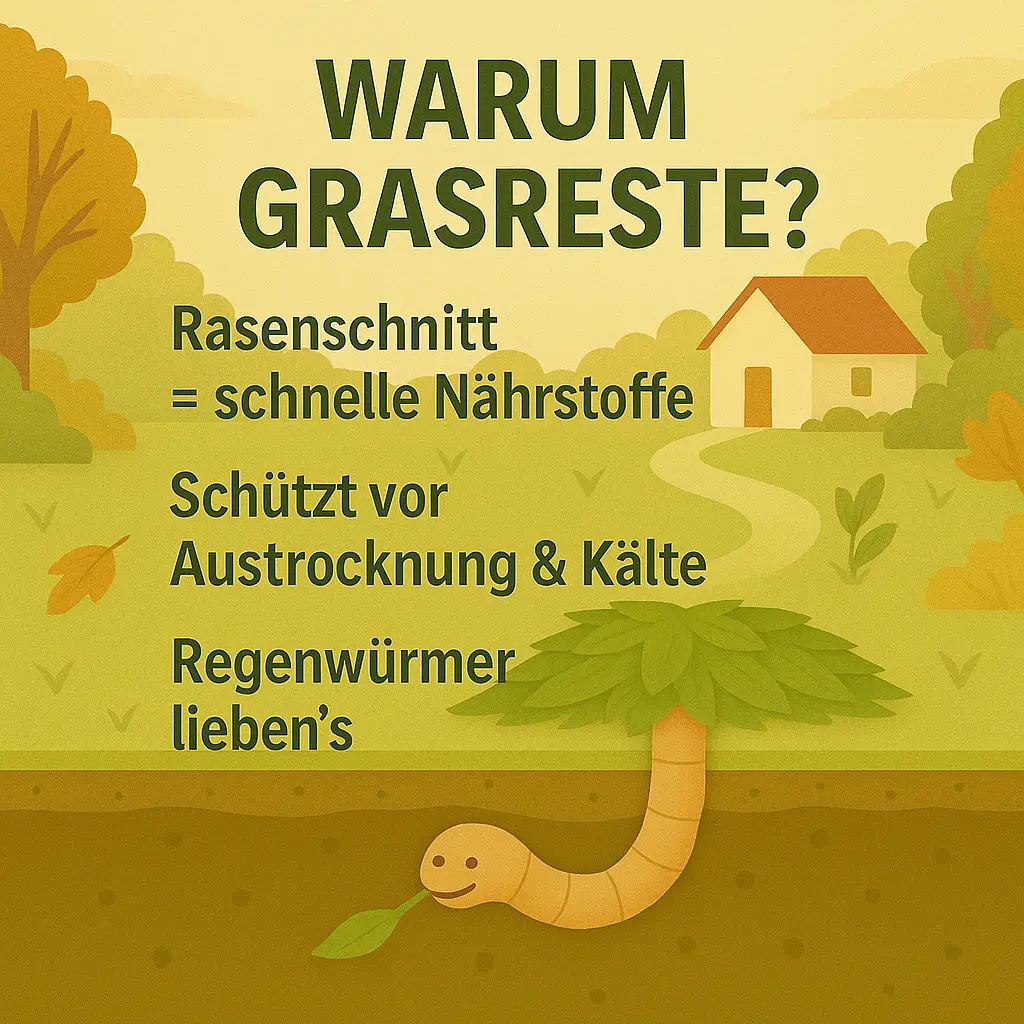 Regenwurm unter Mulchschicht mit Haus im Hintergrund.