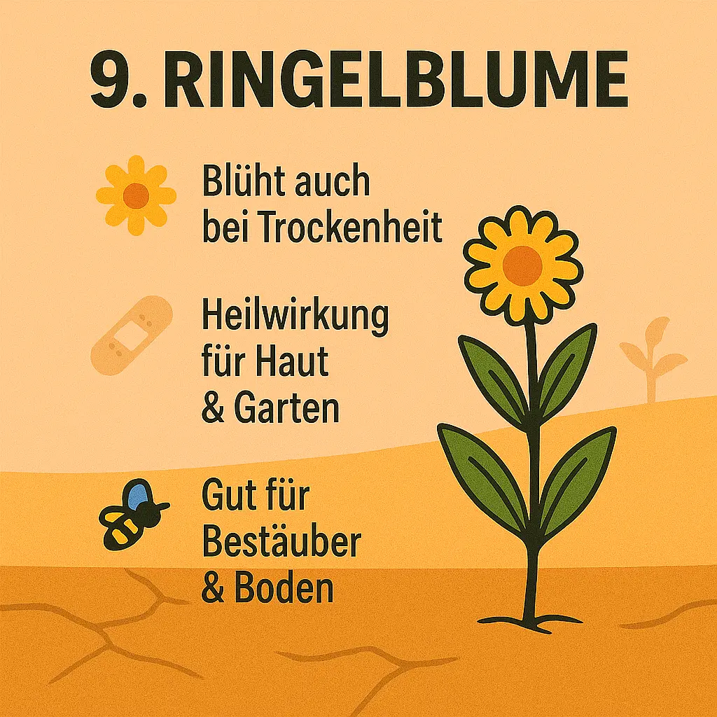 Illustration einer Ringelblume mit Symbolen für Sonne, Heilpflaster und Biene.