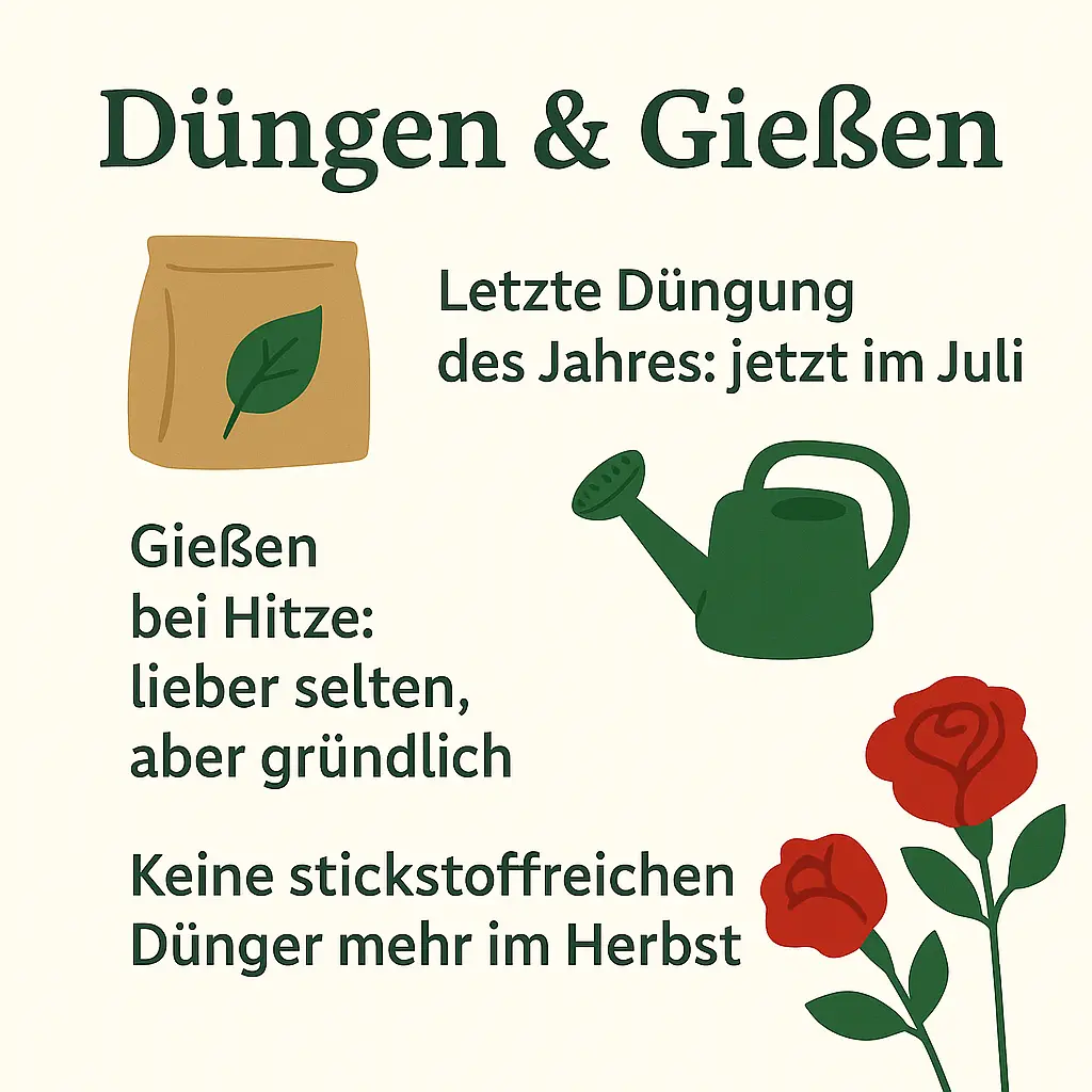 Illustration einer Gießkanne, Düngesack und Rosenblüten.