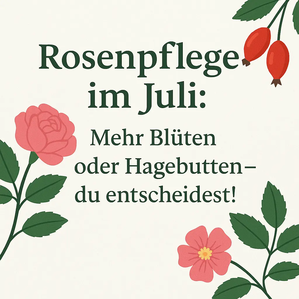 Rosenpflege im Juli -Illustration blühender Rosen und Hagebutten