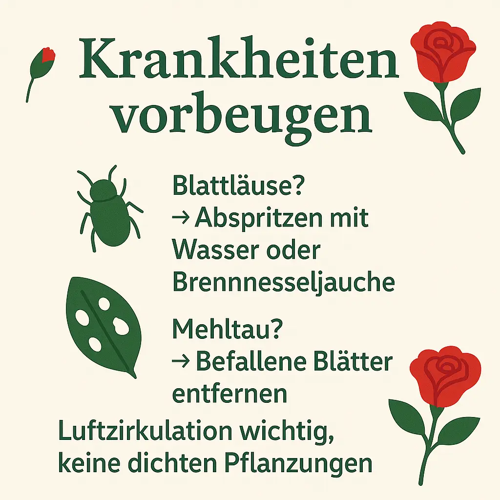 Illustration von Blattlaus, befallenem Blatt und Rosen.