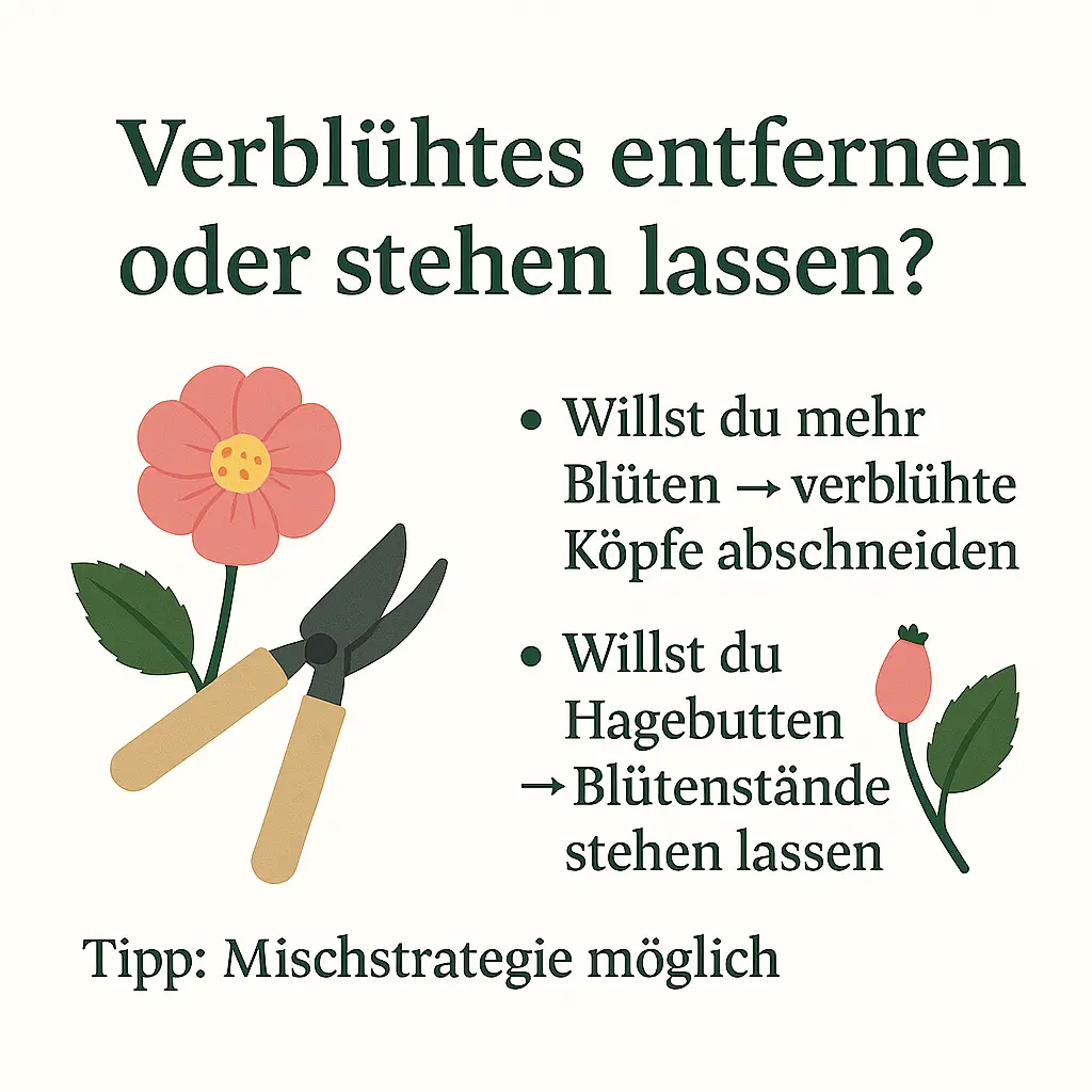 Illustration einer Gartenschere mit Rosenblüte und Hagebutte.